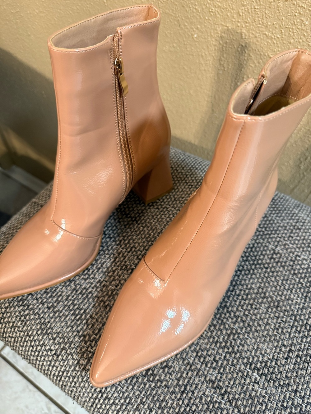 Billini Blush Patent Pointed Toe Block Heel Ankle Boots